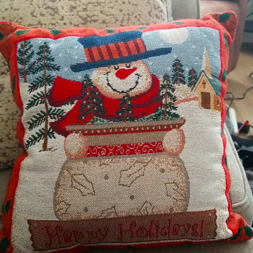 Happy Holidays Snowman Tapestry Type Accent Pillow 16x16